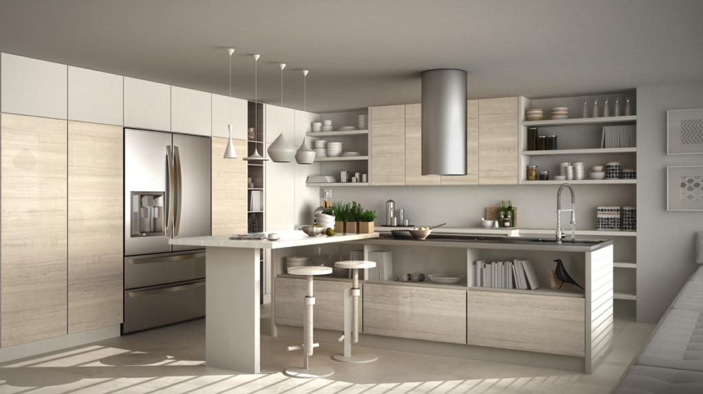 a modern kitchen featuring metal fixtures and furnishings