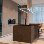 Interior design of a kitchen with floor-to-ceiling cabinets