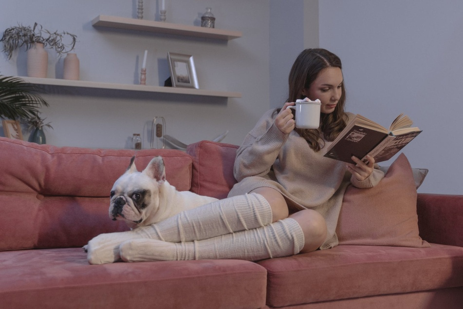 A girl sitting on couch comfortably and reading a book